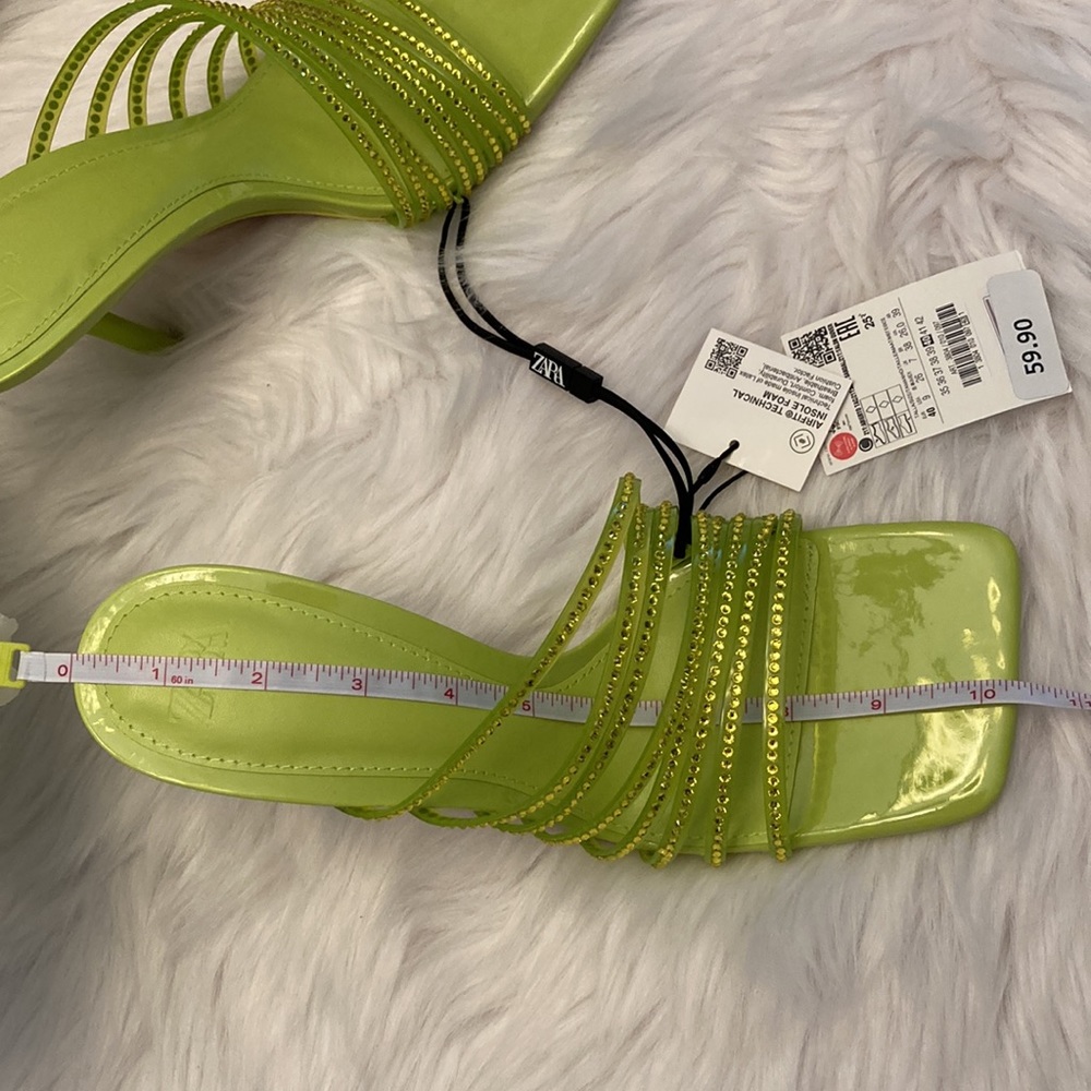 Zara Vinyl Lime Green Rhinestone Squared Toe High Heels Sandals Shoes - Picture 13 of 14